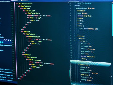 Ekranda Css ve html kodu. Web Tasarım Konsepti. Teknoloji kaynak kodu, yakın çekim