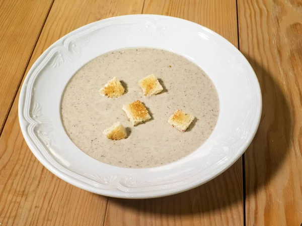 Sopa Creme Cogumelos Com Croutons Molho — Fotografia de Stock