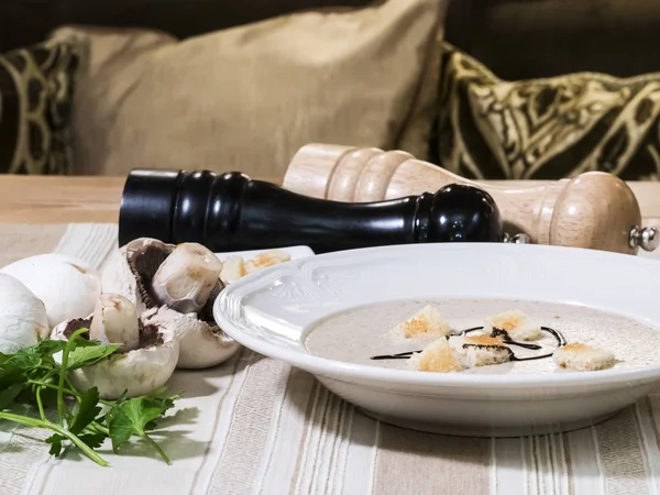 Mushroom Cream Soup Croutons Sauce — Stock Photo, Image