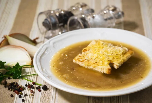 Onion Soup Croutons Grated Cheese — Stock Photo, Image