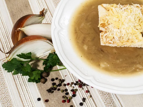 Onion Soup Croutons Grated Cheese — Stock Photo, Image