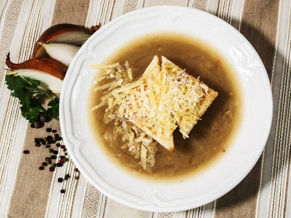 Onion Soup Croutons Grated Cheese — Stock Photo, Image