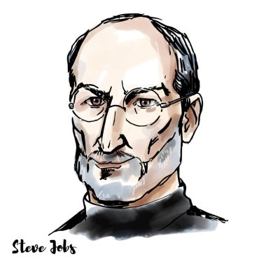 Steve Jobs watercolor vector portrait with ink contours. American business magnate, industrial designer, investor, and media proprietor. CEO and co-founder of Apple Inc.