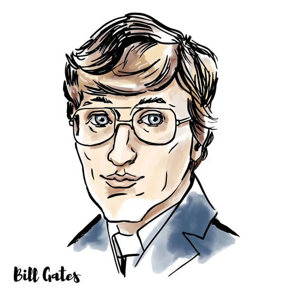Bill Gates watercolor vector portrait with ink contours. American business magnate, software developer, investor, and philanthropist. — Stock Illustration Bill Gates Watercolor Vector Portrait Ink Contours American Business Magnate Royalty Free Stock Vectors