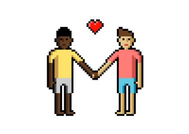Eşcinsel erkek çift. Bir ilişkide elele. Hoşgörü. Beyaz arka plan düz izole piksel simgesi. Vektör