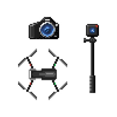 Kamera cihazların düz izole Pixelated Icons Set. SLR fotoğraf makinesi, uçak ve eylem Cam. Beyaz arka plan üzerinde vektör ikonlar.