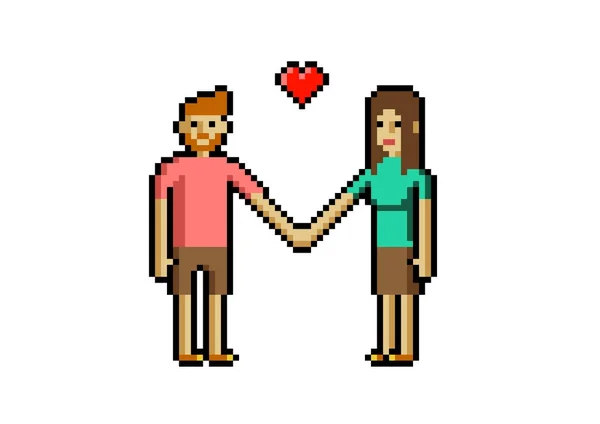 Couple Tient Main Dans Amour Icône Pixel Isolé Sur Fond — Image vectorielle