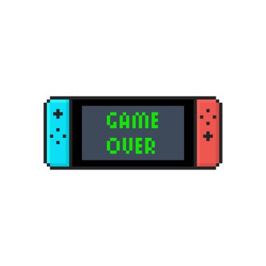 Beyaz zemin üzerinde bir mobil Video konsolun düz izole simgesi. Oyun Bitti. Pixel Art. Vektör