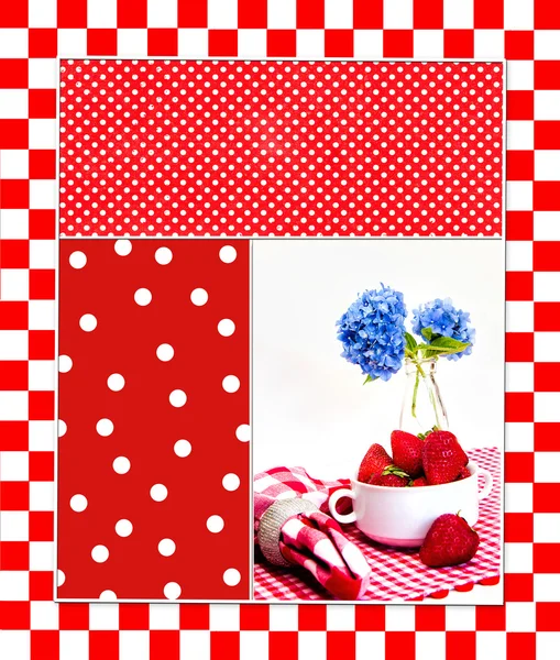 Red and White Polka Dots Back Ground with Strawberries and flowers — Stock Photo, Image