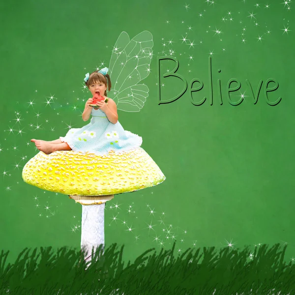 Small fairy sitting on mushroom — Stock Photo, Image