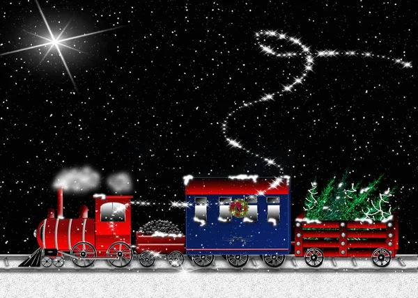 Illustrazione Treno 3D che trasporta alberi di Natale mentre nevica — Foto Stock