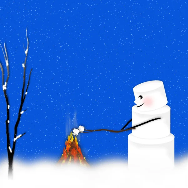 Marshmallow ateşte pişirme hatmi kardan adam — Stok fotoğraf
