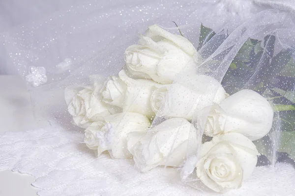 Beautiful Bouquet Dreamy White Roses - Sparkly Netting Stock Picture