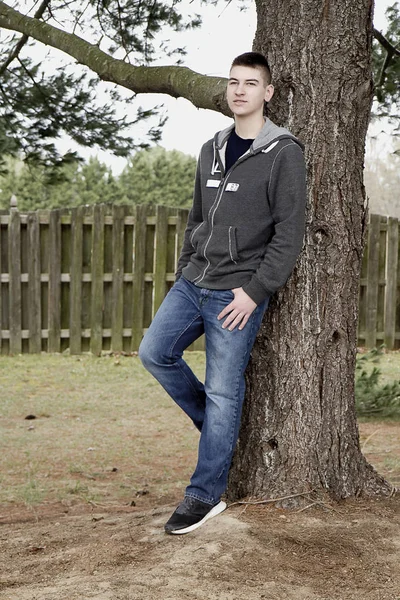 High school male leaning against tree wearing gray hoodie sweater — Stock Photo, Image