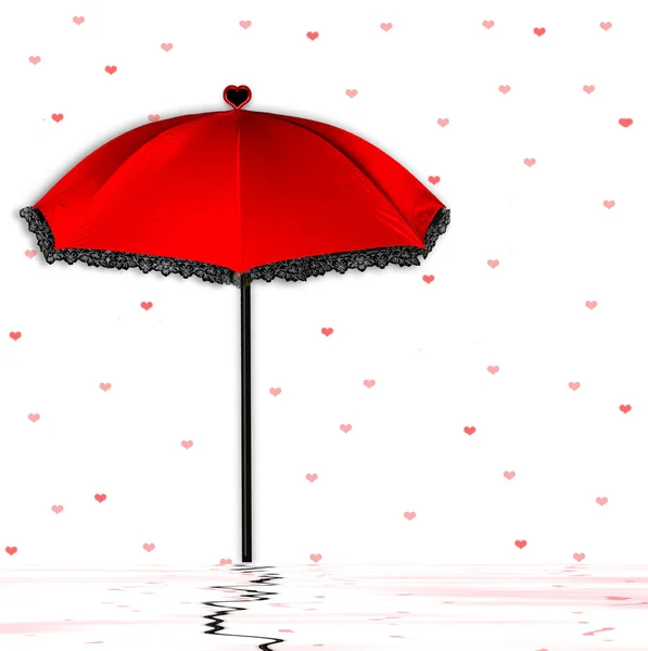 Fun background with red and black unbrella with tiny red hearts floating around it and below water with reflections.  Illustration, background.  Mixed Media with photo of umbrella.  Ideal for Valentine's day.