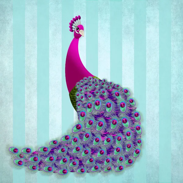 Majestätiska Grafisk Peacock Färgglada Ljusa Färger Med Blå Rand Bakgrund — Stockfoto