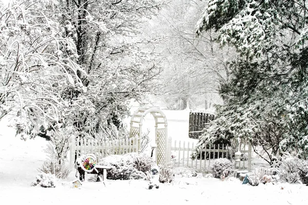 Trädgård Mitt Snow Blizzard Spaljé Och Växter Täckt Med Snö — Stockfoto