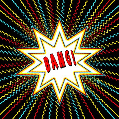Siyah arka plan üzerine canlı renklerde soyut çizgi roman tarzı grafik yıldız patlaması. Metin Bang içinde.