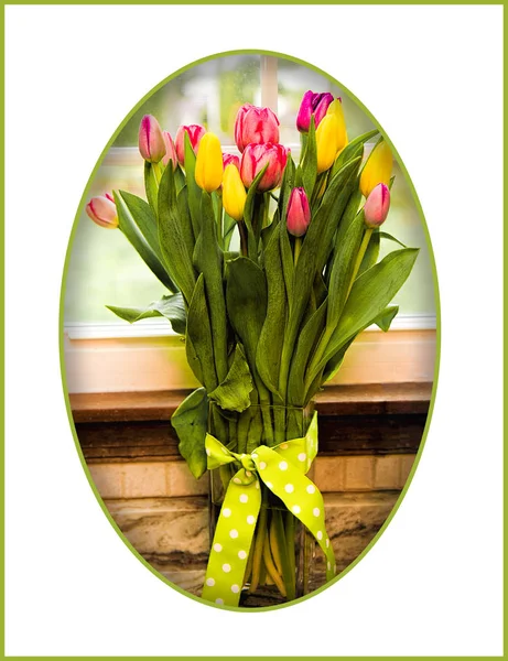 Bouquet Beautiful Yellow Pink Tulips Tall Vase Ribbon White Border — Stock Photo, Image