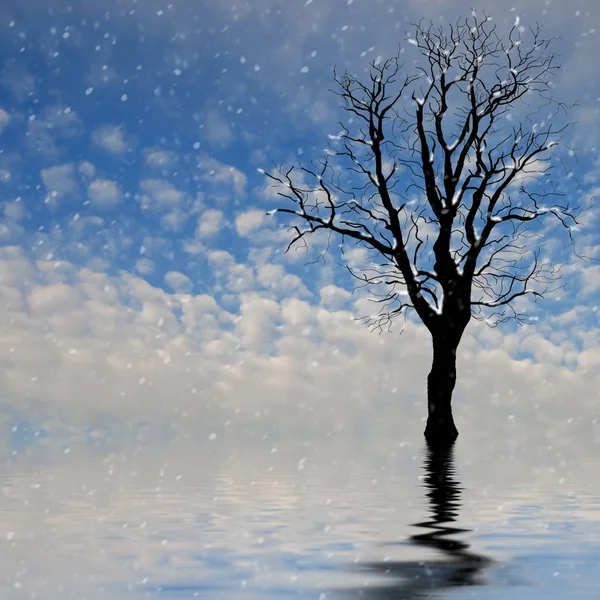 Graficzne Ilustracje Sylwetki Drzewa Środku Zimowej Burzy Śnieżnej Jej Odbicia — Zdjęcie stockowe