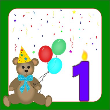 Oyuncak ayı, Baby 'nin ilk doğum gününü temsil ettiği ilk yılı kutluyor. Balonlar ve mum gibi bir alevle bir numara.