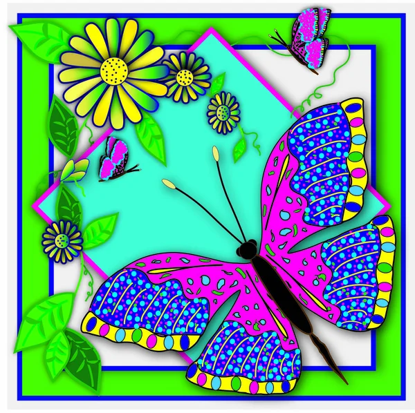 Square Graphic Illustration Large Beautiful Butterflies Yellow Daisies Abstract Form — 스톡 사진
