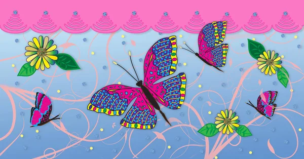 Farfalle Margherite Illustrazione Grafica Femminile Con Bordo Superiore Pizzo Rosa — Foto Stock