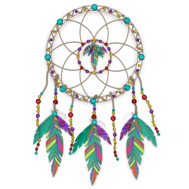 Renkli tüyleri ve boncukları olan bir Rüya Yakalayıcının Hint grafik çizimi.