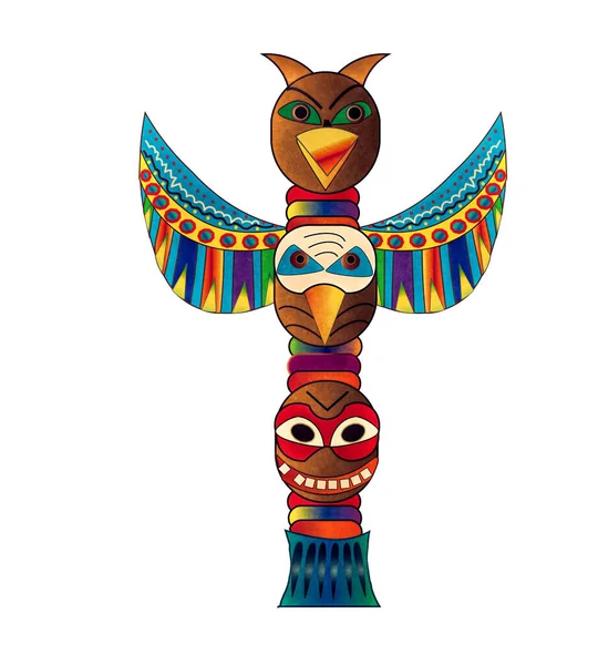 Graphic illustration of colorful American Native American totem pole with wings spread out and faces of bird-type character faces isolated on white background