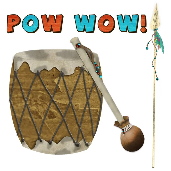 Grafika Včetně Amerického Nativního Indického Bubnu Textu Pow Wow Izolované — Stock fotografie