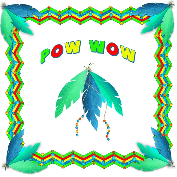 Grafická Ilustrace Amerického Indiánského Barevného Rámečku Grafikou Včetně Textu Pow — Stock fotografie