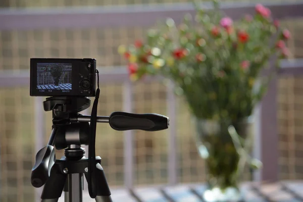 Vase of flowers seen through the lens of a compact camera mounted on a tripod. Balcony setting.