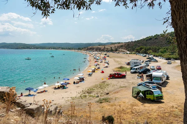 Ormos Panagias Grecja 2019 Ciepły Letni Dzień Nad Morzem Ludzie — Zdjęcie stockowe
