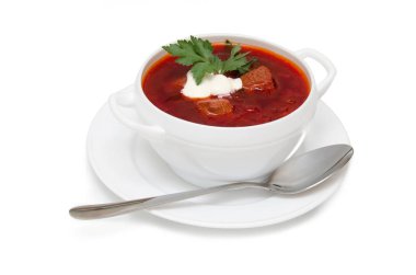 Paket kavanoz beyaz bitti izole kırmızı borsch