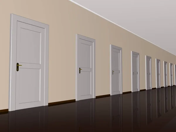 Пустой коридор со множеством дверей — стоковое фото