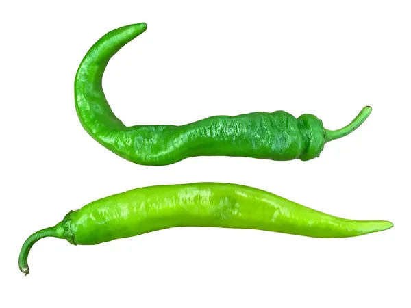 Twee groene pittige paprika's op een witte achtergrond — Stockfoto