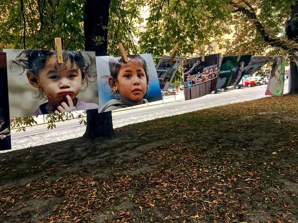 Foto's van triest gezichten van kinderen hangen wasknijpers — Stockfoto