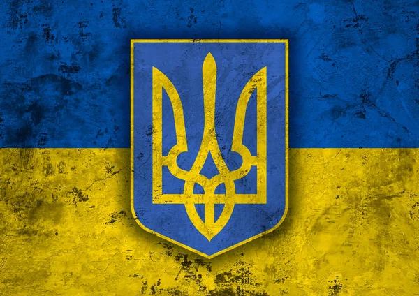 De vlag van Oekraïne met het wapenschild — Stockfoto