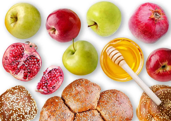 Natürmort görünümü yukarıdaki - challah, elma, nar ve bo