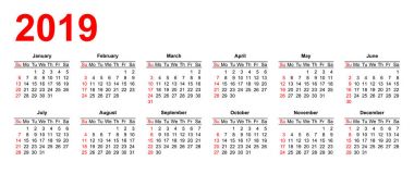 ABD takvim kılavuzunda 2019 vektör