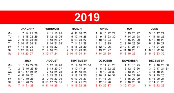 Сітка європейських календаря 2019 у векторному — стоковий вектор