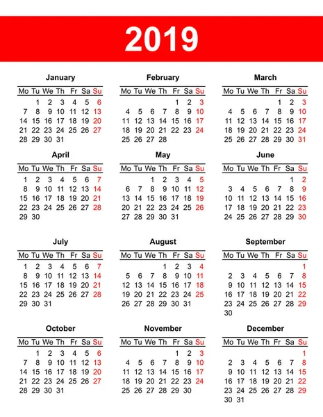 Avrupa takvim kılavuzunda vektör 2019