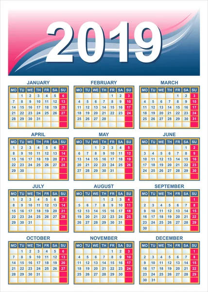 Europejski kalendarz siatki 2019 w wektor — Wektor stockowy