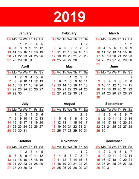 EE.UU. calendario rejilla 2019 en vector — Archivo Imágenes Vectoriales