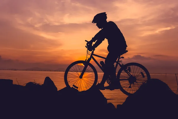 健康的なライフ スタイル。海辺で自転車に乗って自転車のシルエット. — ストック写真