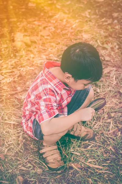 バカンス公園で虫眼鏡でアジアの子。教育コンセプト. — ストック写真