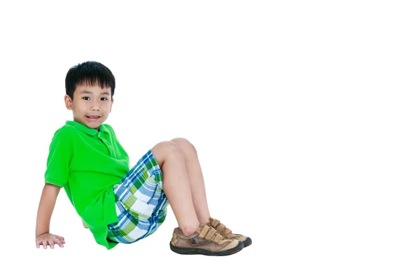 Full body of asian child smiling and looking at camera, isolated on white. — Stockfoto