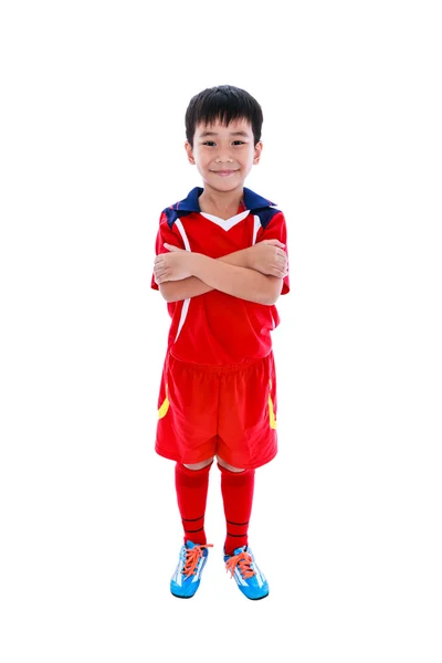 Jovem jogador de futebol asiático sorrindo. Tiro no estúdio. Isolado sobre fundo branco . — Fotografia de Stock
