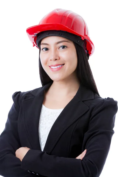 Felice donna d'affari asiatica con il casco rosso. Isolato su sfondo bianco . — Foto Stock