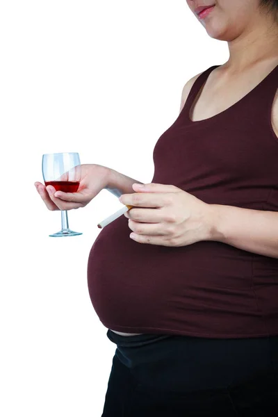 Pregnancy with cigarette and alcohol. Pregnant female unhealthy motherhood concept. — Stock Photo, Image